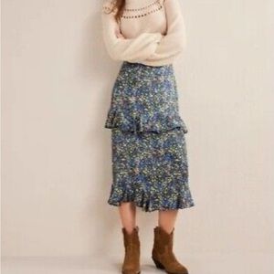 BODEN Satin Ruffle Midi Skirt - Nebulas Blue Floral Print US 10 NEW